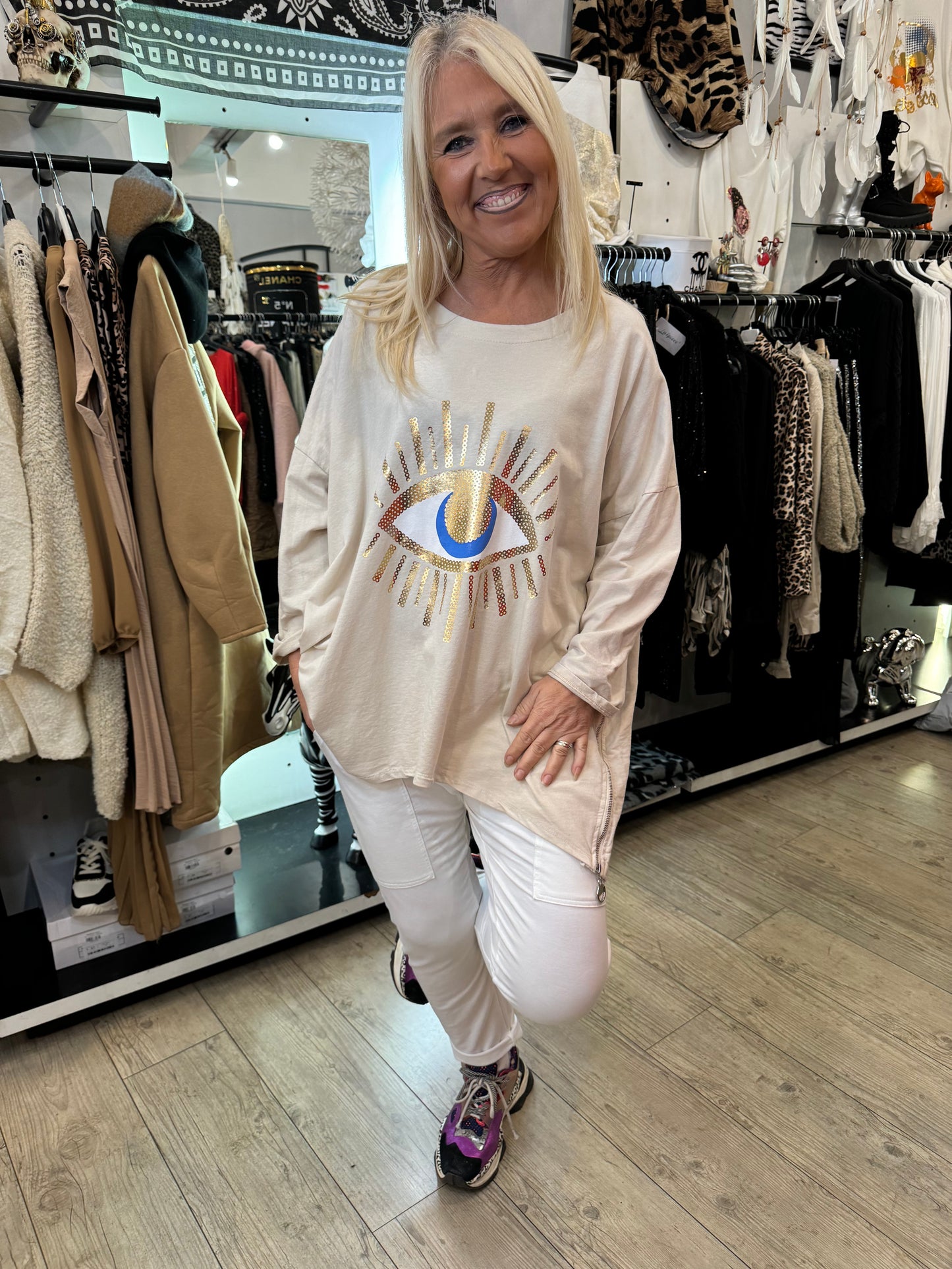 T shirt oversize eyes beige