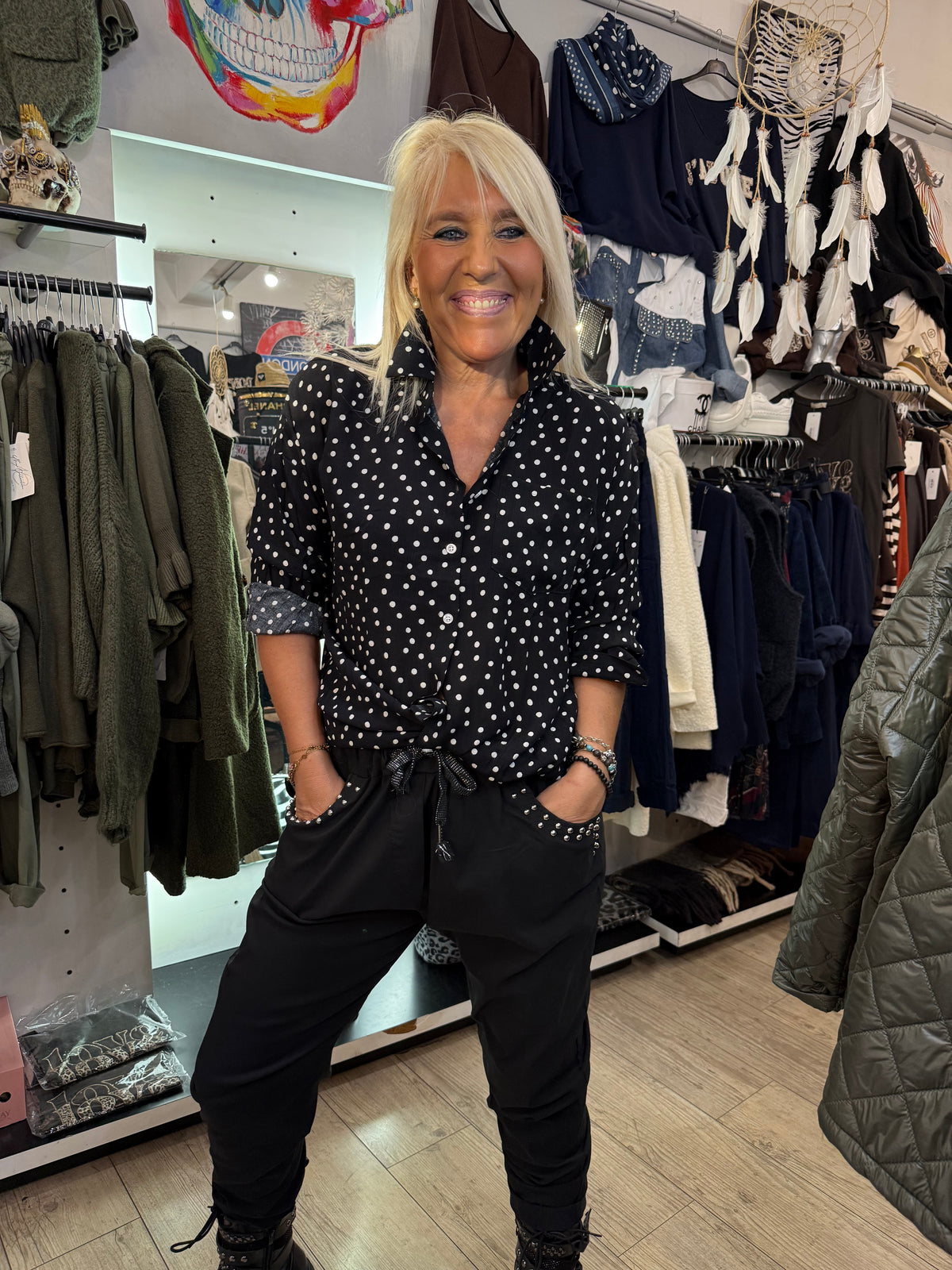Pantalon gde taille noir clous