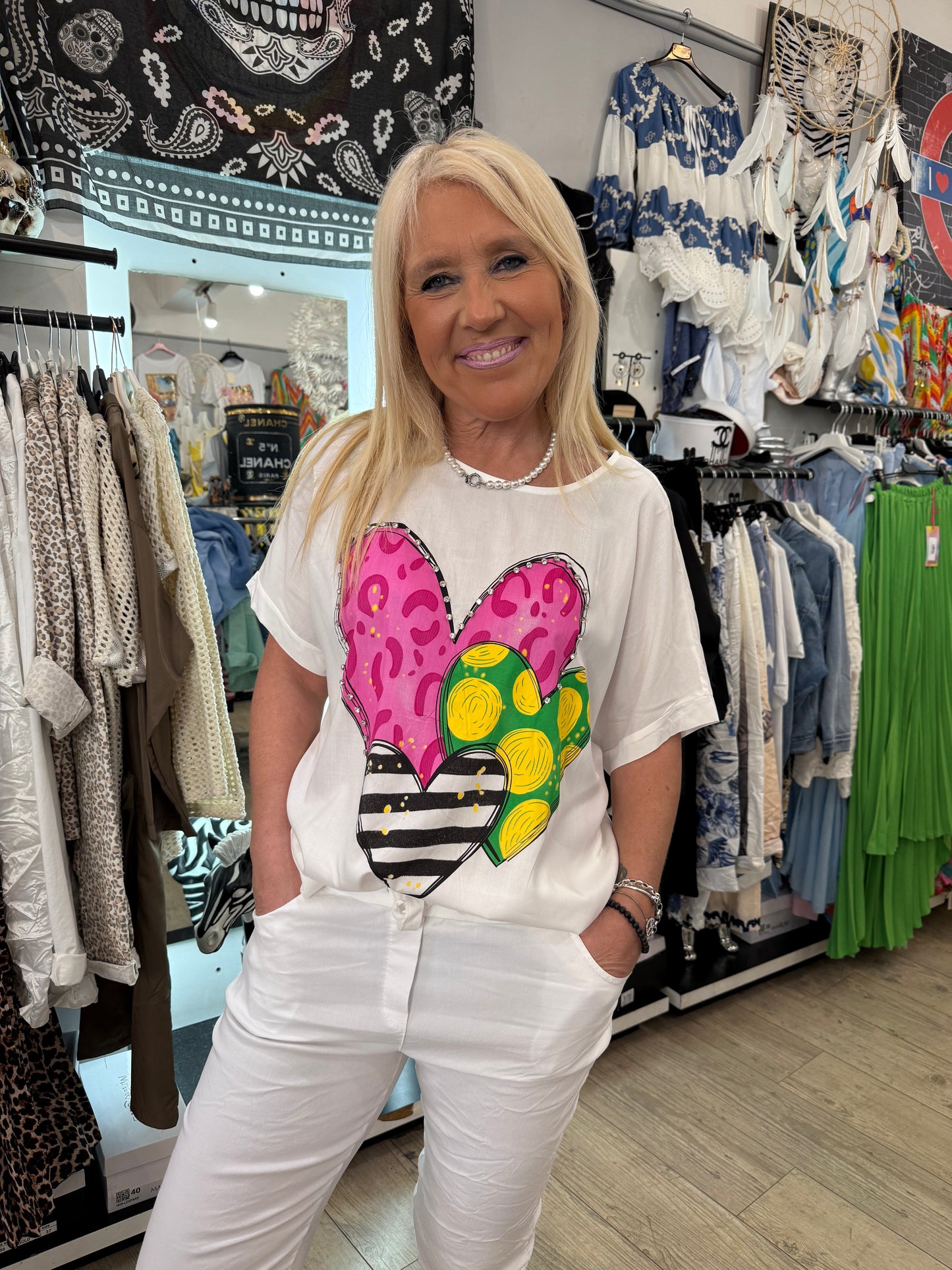 T shirt rayé cœur strass