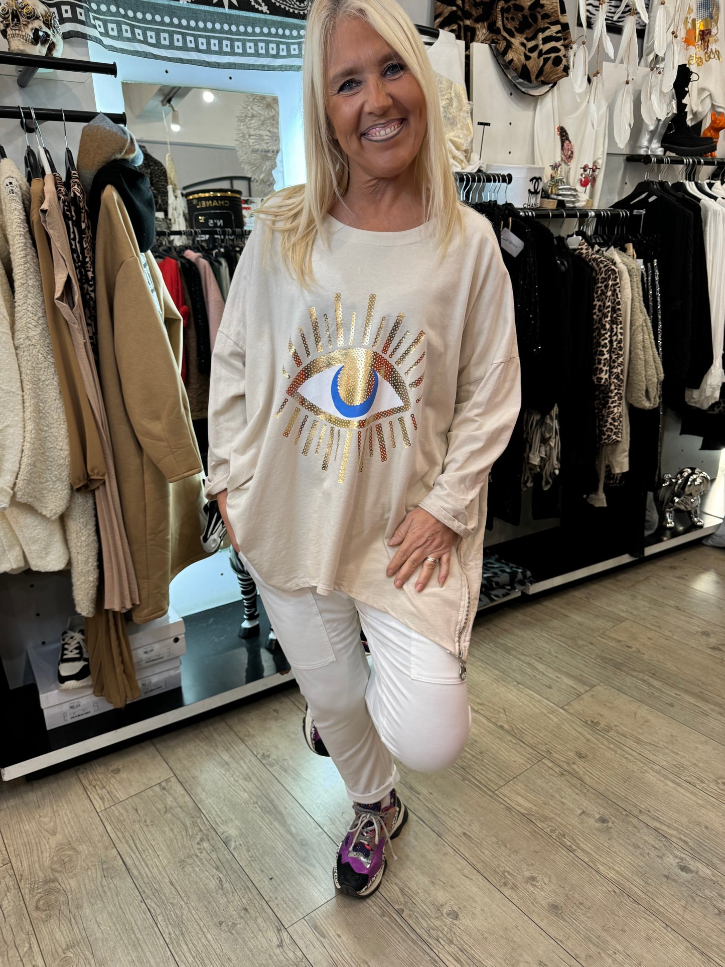 T shirt oversize eyes beige