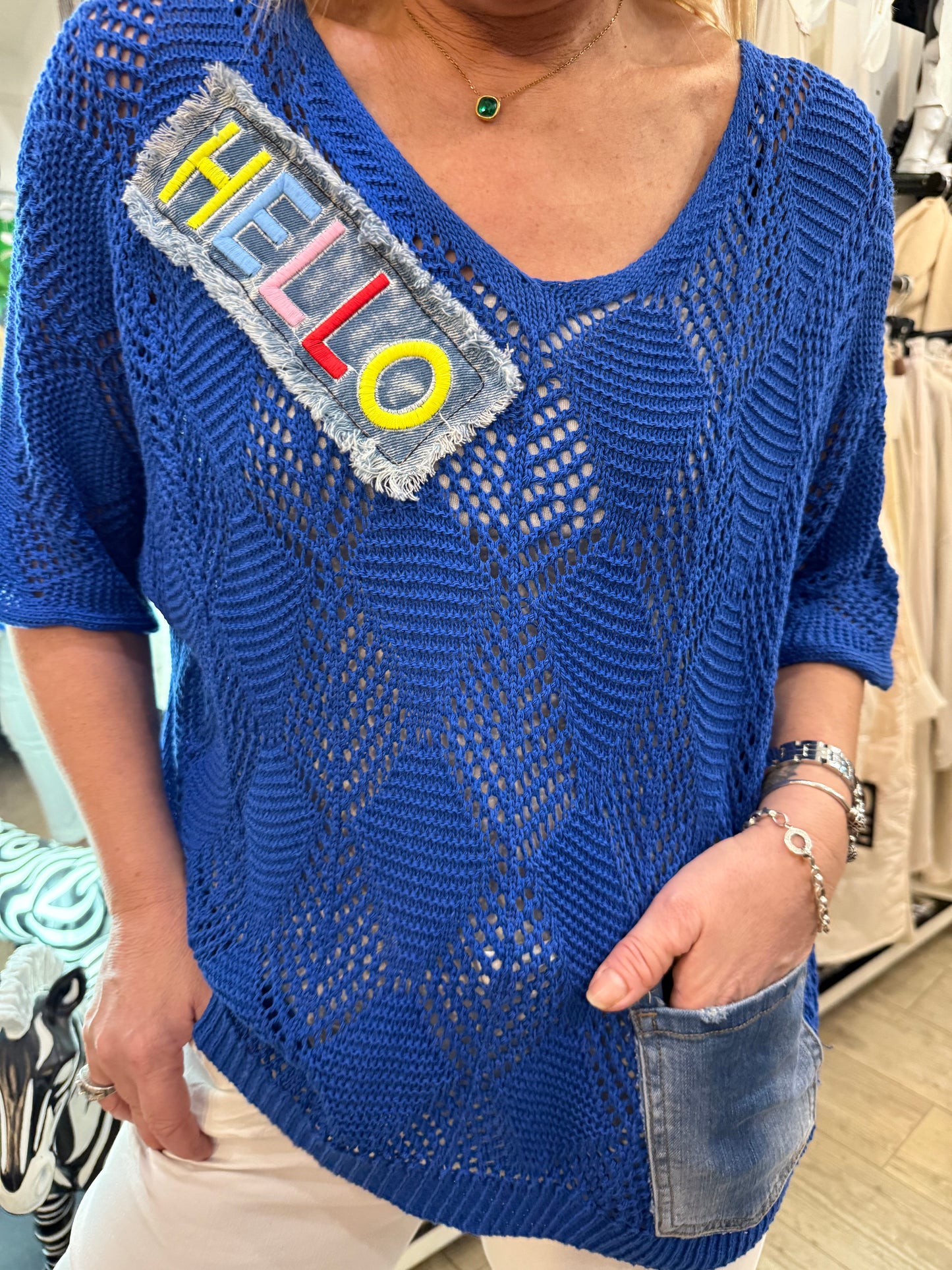 Pull Hello bleu électrique