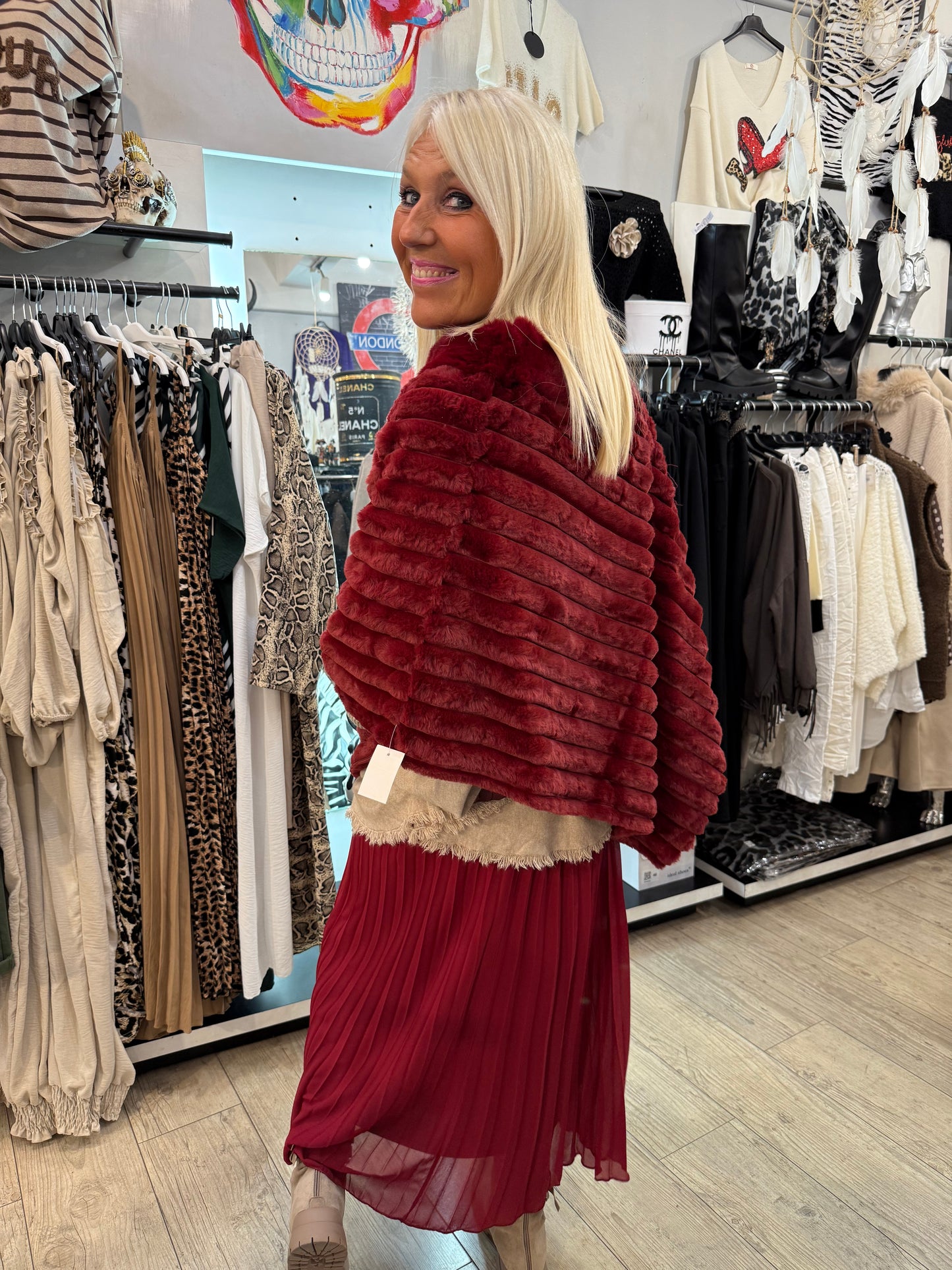 Poncho fourrure bordeaux