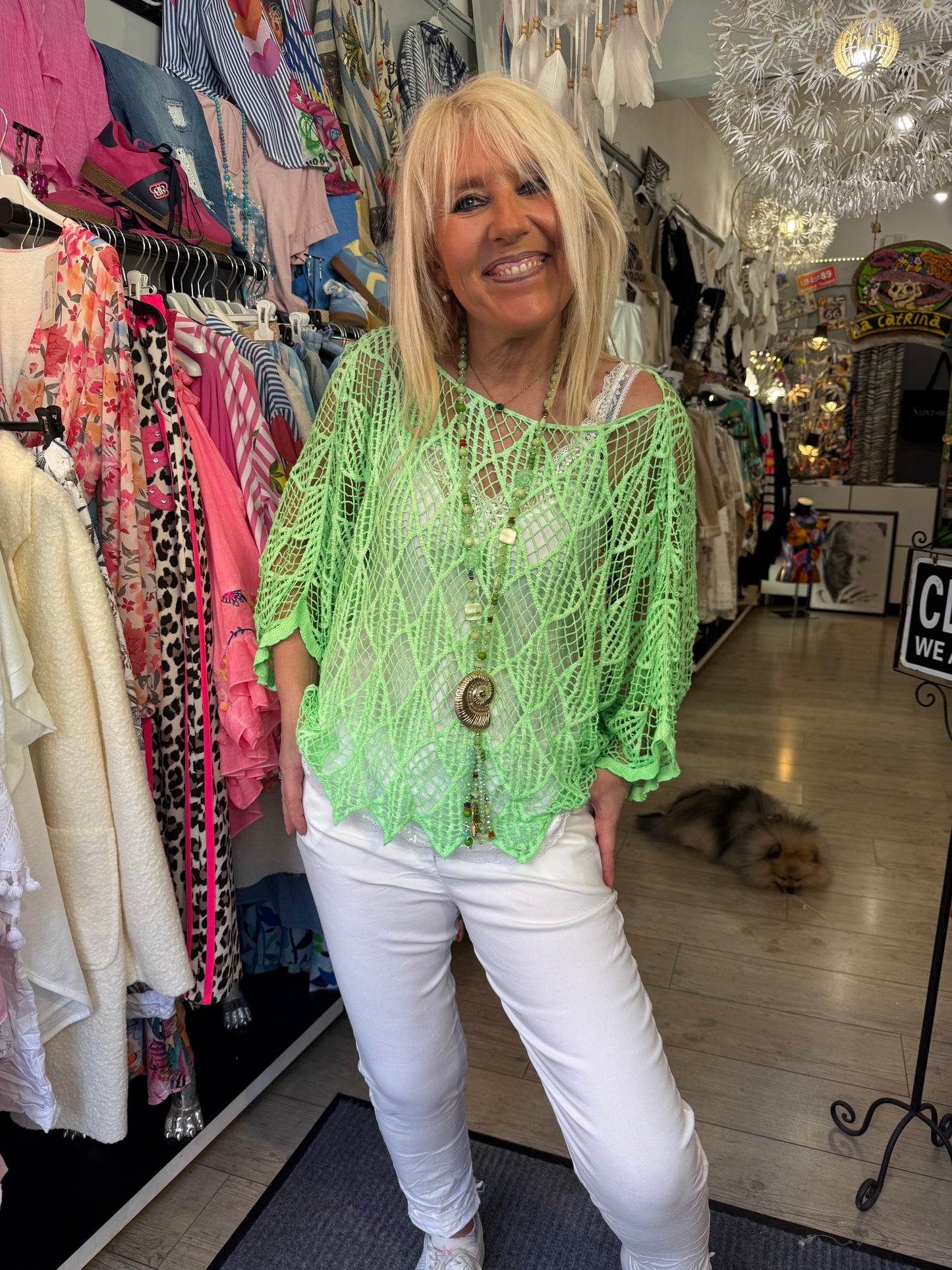 Pull macramé vert fluo