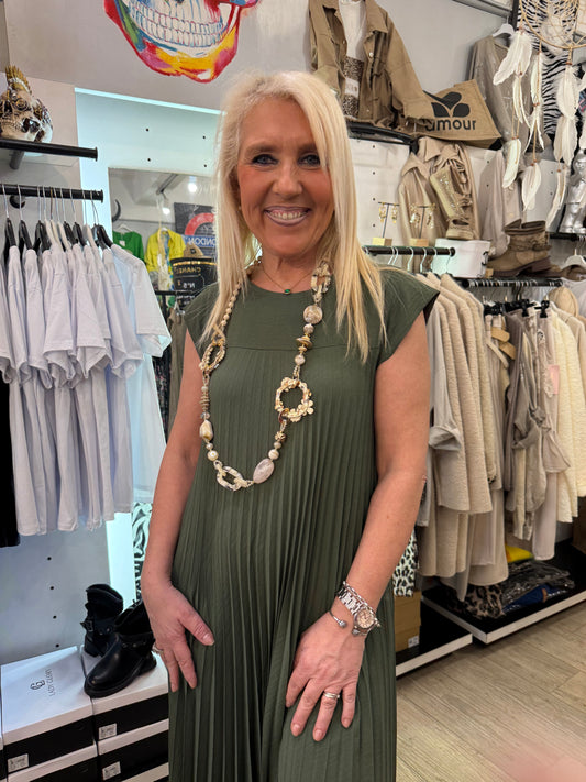 Robe plissée longue kaki