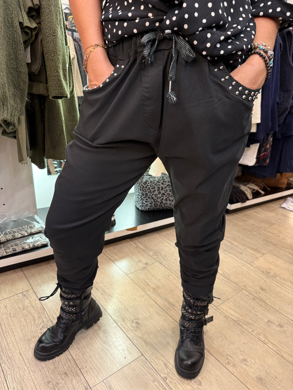 Pantalon gde taille noir clous