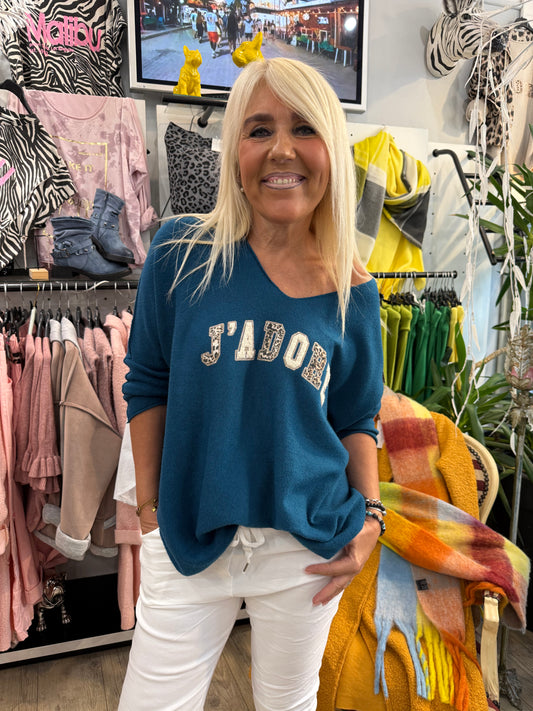 Pull j adore bleu canard