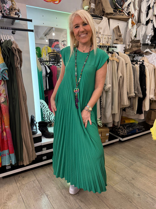 Robe plissée longue vert gazon