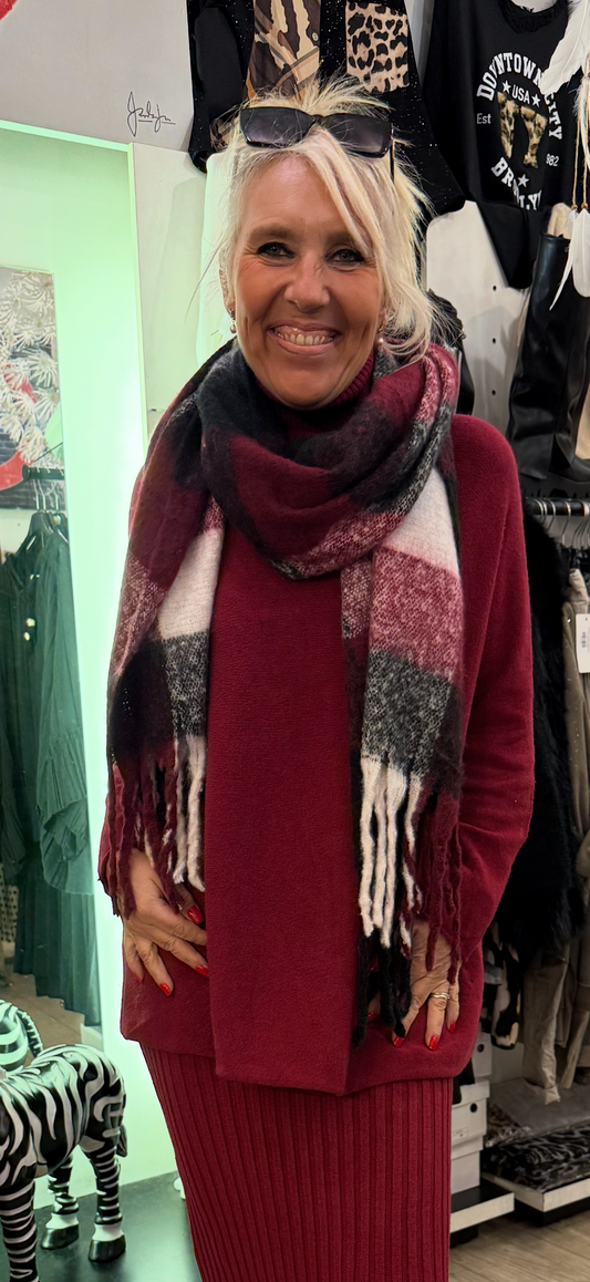 Écharpe franges carreaux bordeaux