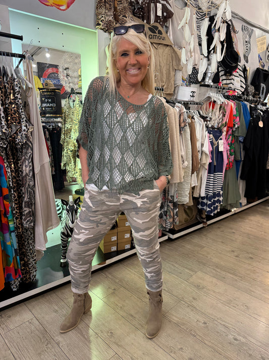 Pull macramé kaki