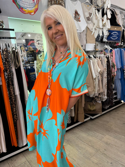 Robe amber turquoise et orange