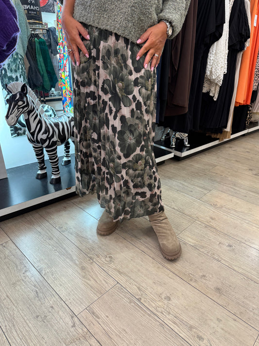 Jupe plissée kaki flowers