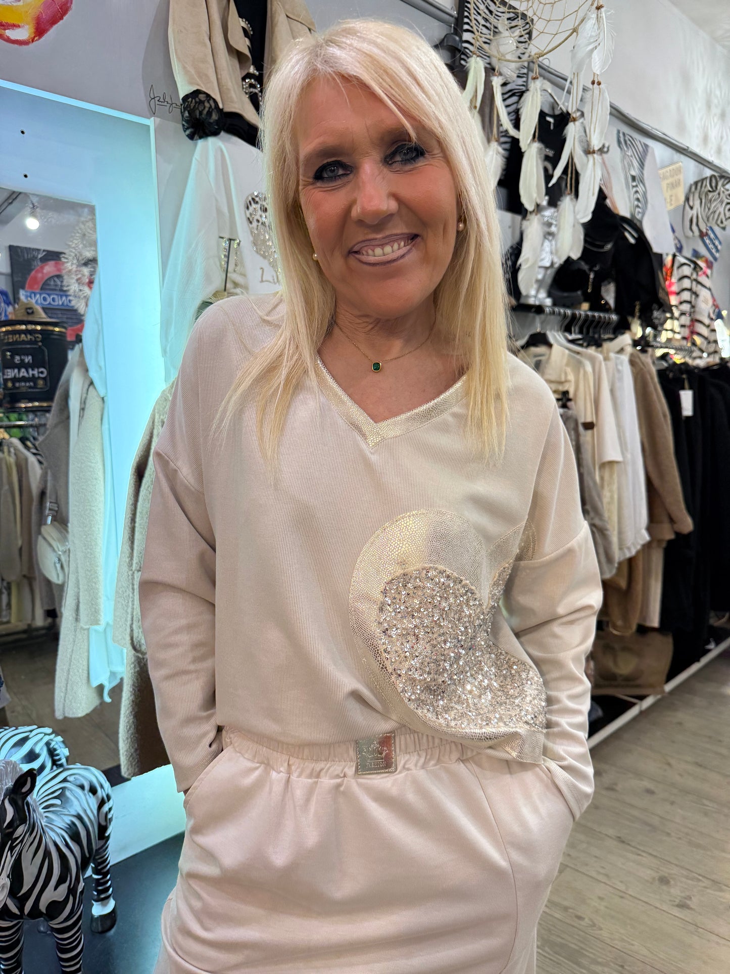 Pull cœur sequins beige