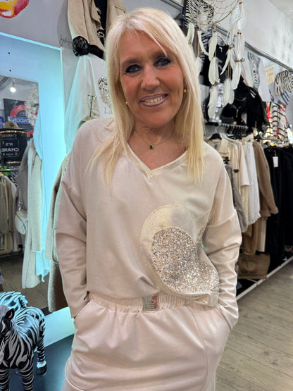 Pull cœur sequins beige