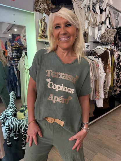 T shirt terrasse copine kaki