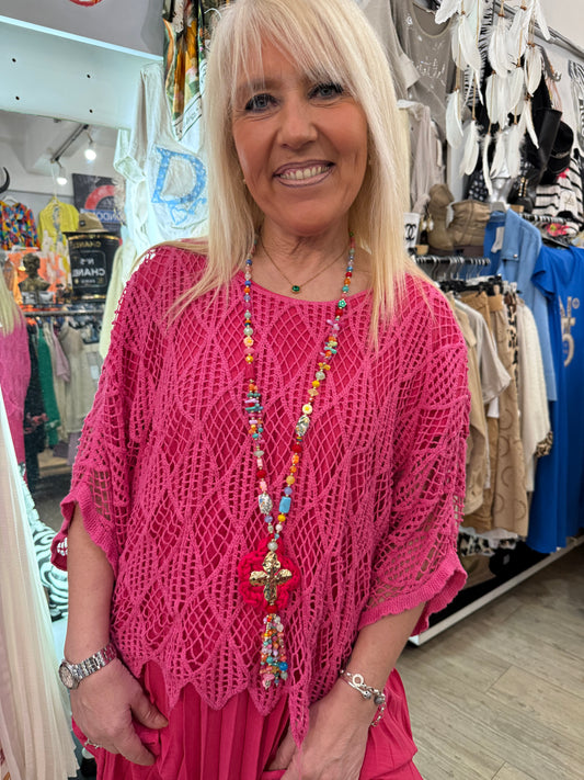 Pull macramé fushia