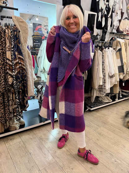 Manteau écossais violet réassort bientôt