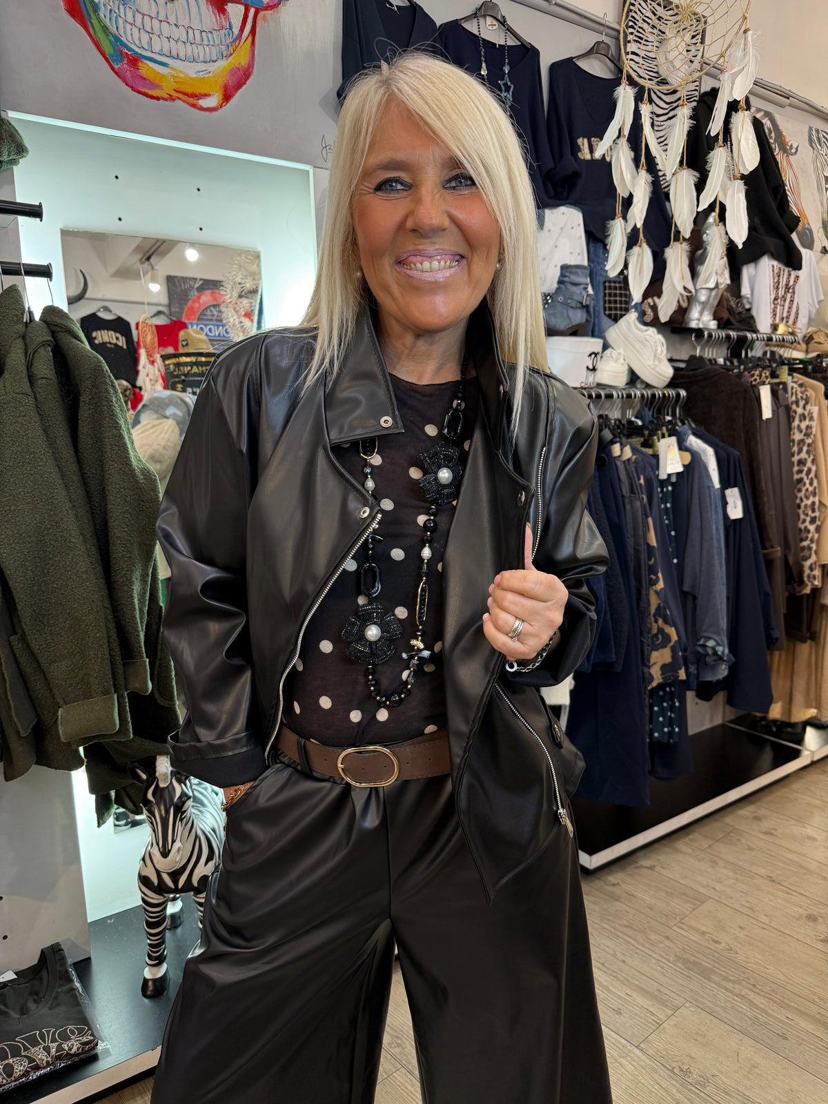 Pull noir pois blanc