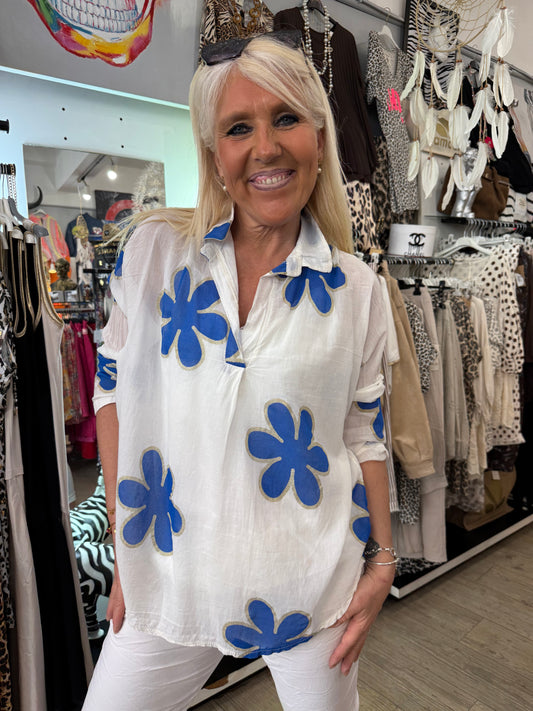 Chemise flowers bleu roi