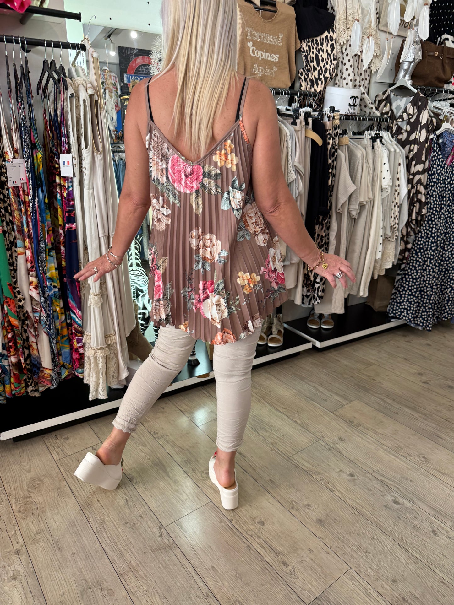Tunique plissée fleurs beige