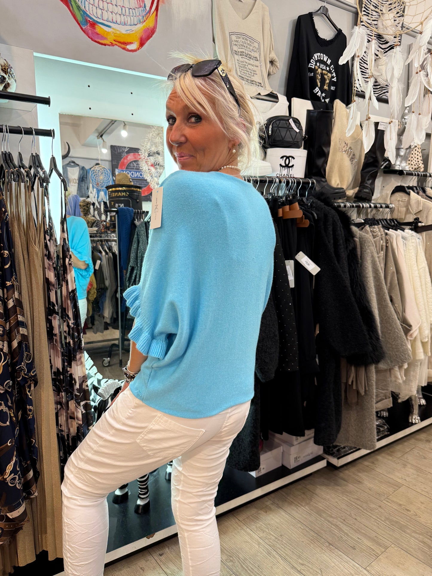 Pull froufrou turquoise