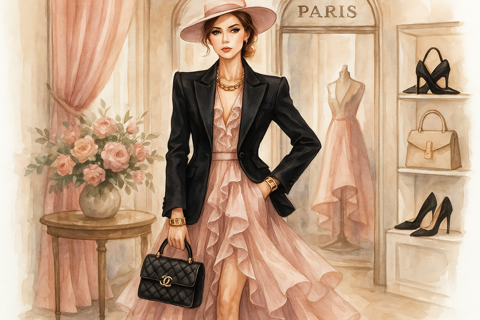 créer une image qui mélange le style Lovely by Stella et le diable s'habille en Prada